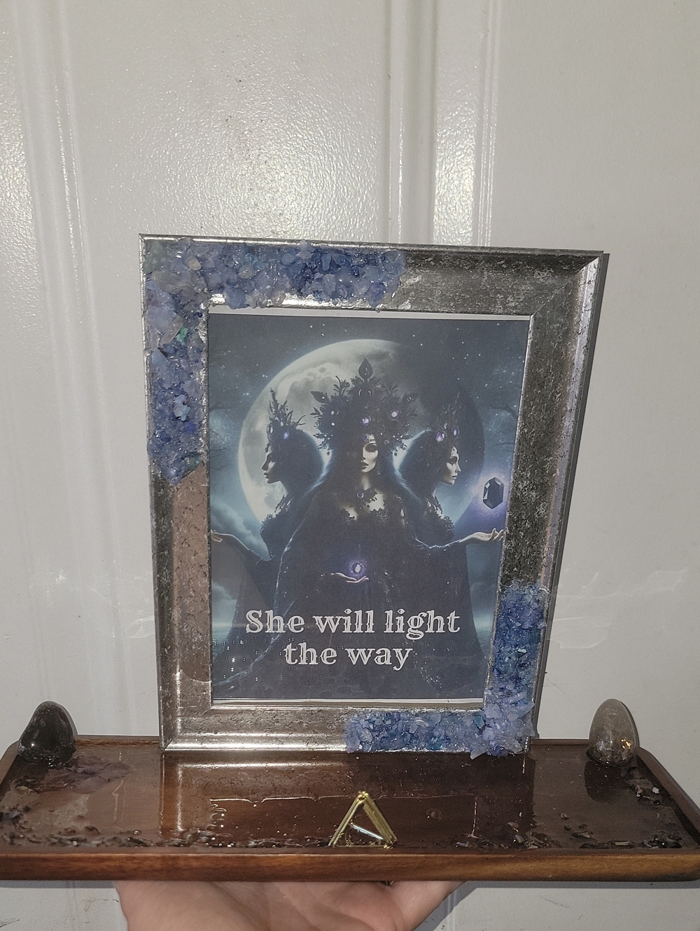 Celestine And Smokey Quartz Hecate altar with tarot card holder Handmade